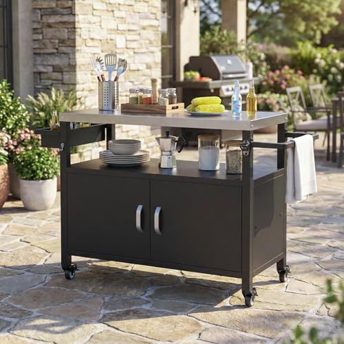 Belord Outdoor Grill Table with Storage Cabinet, Outdoor Grill Cart with Wheels, Movable BBQ Cart Prep Station Kitchen with Stainless Steel Top and Removable Side Basket for Poolside Backyard Black
