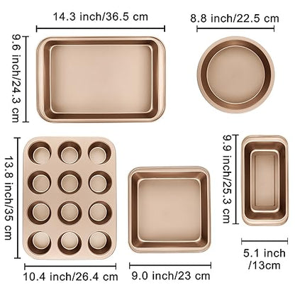 Nonstick Baking Pans Set, 5-Piece Kitchen Baking Sheets for Oven, Bakeware Sets with Round/Square Cake Pan, Muffin Pan, Loaf Pan, Roast Pan, mobzio Cookie Sheet Set Baking Supplies (Champagne Gold)