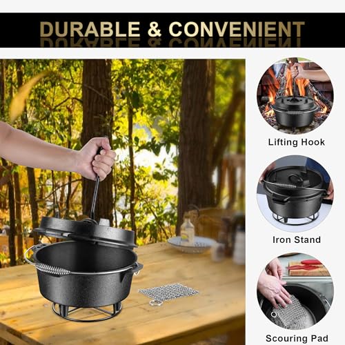 Joyfair Pre-seasoned Cast Iron Dutch Oven Set, Camp Dutch Pot & Griddle Skillet, 5QT Pot & 2QT Lid, Lid Lifter/Iron Stand/Cleaner, For Stewing, Baking, Sourdough Bread