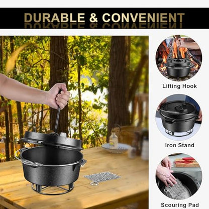 Joyfair Pre-seasoned Cast Iron Dutch Oven Set, Camp Dutch Pot & Griddle Skillet, 5QT Pot & 2QT Lid, Lid Lifter/Iron Stand/Cleaner, For Stewing, Baking, Sourdough Bread