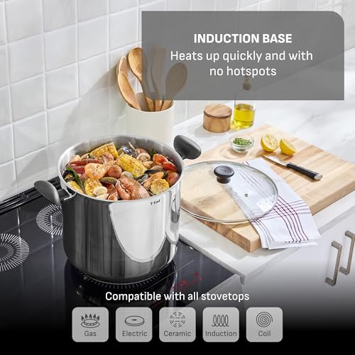 T-fal Specialty Stainless Steel 16-Quart Stock Pot with Lid, Induction Compatible, Soup Pasta Pot, Dishwasher-Safe, Oven Safe Up To 350, Silver