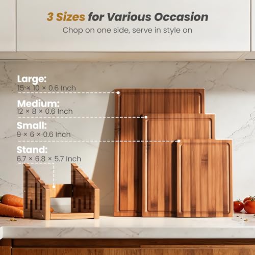Bamboo Cutting Board Set with Stand, 3PCS Double-Sided Chopping Boards for Kitchen Meal Prep & Serving, Charcuterie, Juice Grooves & Side Handle, Ideal for Meat, Vegetables, Kitchen Essentials, Brown