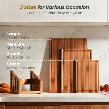Bamboo Cutting Board Set with Stand, 3PCS Double-Sided Chopping Boards for Kitchen Meal Prep & Serving, Charcuterie, Juice Grooves & Side Handle, Ideal for Meat, Vegetables, Kitchen Essentials, Brown