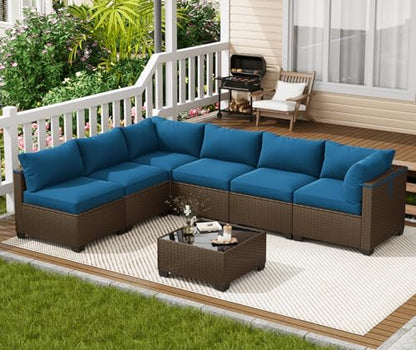 LOUVIXA 7 Piece Outdoor Patio Furniture Set, Outdoor Sectional Sofa, Wicker Rattan Patio Furniture, Patio Conversation Set with Coffee Table & Cushions