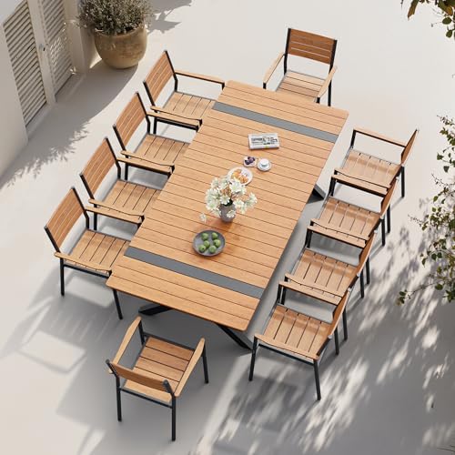 Pellebant 11 Piece Patio Table and Chairs Set, Aluminum Outdoor Dining Set with Umbrella Hole, 94" Dining Table & Stackable Chairs, Weather Resistant Teak Wood Grain Finish for Deck, Porch, Backyard