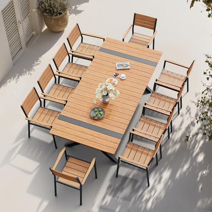 Pellebant 11 Piece Patio Table and Chairs Set, Aluminum Outdoor Dining Set with Umbrella Hole, 94" Dining Table & Stackable Chairs, Weather Resistant Teak Wood Grain Finish for Deck, Porch, Backyard