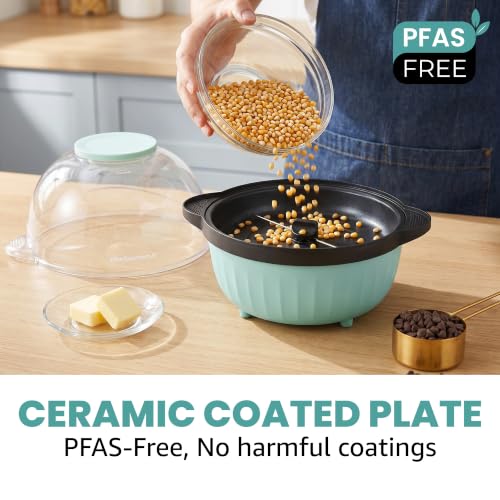 Elite Gourmet 4.5Qt. Stirring Popcorn Maker with Ceramic Coated Plate, Stirring Rod, Clear Cover Doubles as Serving Bowl, Butter Melting Tray, Up to 18 Cups, Makes Fresh Buttery Popcorn, Mint