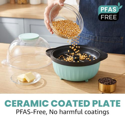 Elite Gourmet 4.5Qt. Stirring Popcorn Maker with Ceramic Coated Plate, Stirring Rod, Clear Cover Doubles as Serving Bowl, Butter Melting Tray, Up to 18 Cups, Makes Fresh Buttery Popcorn, Mint