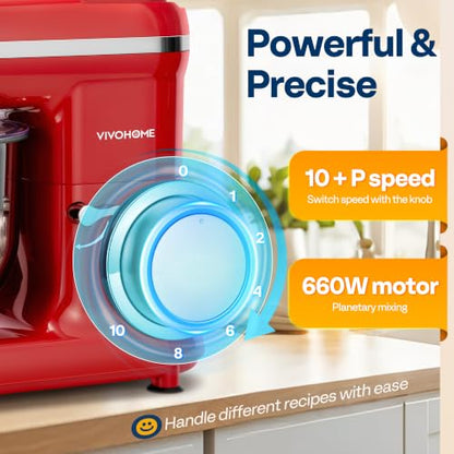 VIVOHOME 3-in-1 Stand Mixer, 6-Quart Tilt-Head Mixer, 10 Speeds, Red