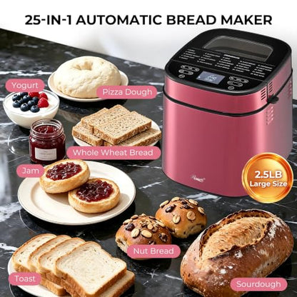 Rosewill 25-in-1 Automatic Bread Maker with Built-in Digital Scale, 3 Loaf Size up to 2.5LB, Beginner-Friendly w/ 700W High Power Dual Heater System, BPA-Free Nonstick Coating Pan - Pink Peppercorn