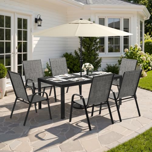 PATIOPIA 7PCS Patio Dining Set, Steel Table & 6 Textilene Chairs, Charcoal