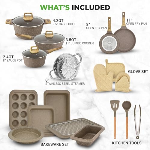Nutrichef 22-Piece Marble Non-Stick Cookware and Bakeware Set - Professional Home Kitchen Collection with Multi-Sized Pots, Pans, and Heat-Resistant Tools