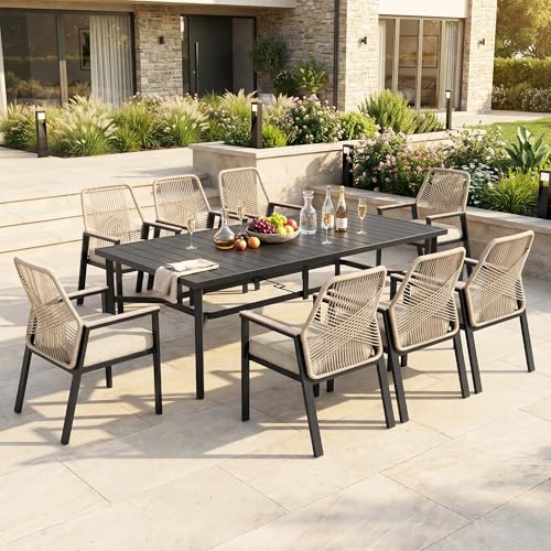 HERA'S HOUSE 9 Pieces Outdoor Dining Set, Patio Table and Chairs for 8, 8 x Cushioned Rattan Patio Chairs and 1 x 83 Large Rectangle Dining Table, Outdoor Dining Table Set for Lawn Garden