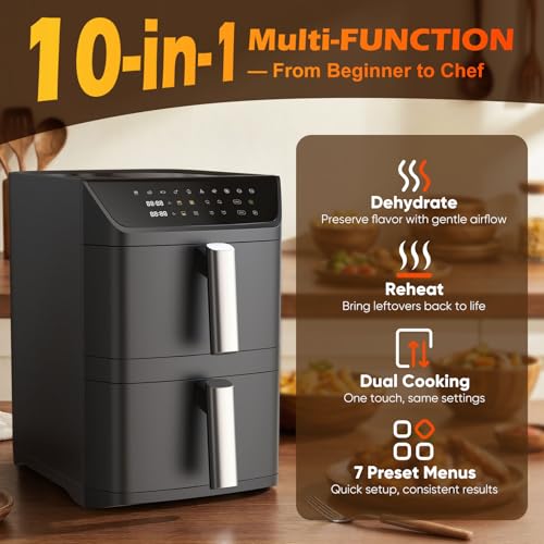 Dual Basket Air Fryer, 12.6QT Family-Size for 10–12 People, XL Basket for 6LB Whole Chicken, DoubleStack Compact Design, 10-in-1 Functions with Reheat, Dehydrate & SyncFinish, Dishwasher-Safe, Black