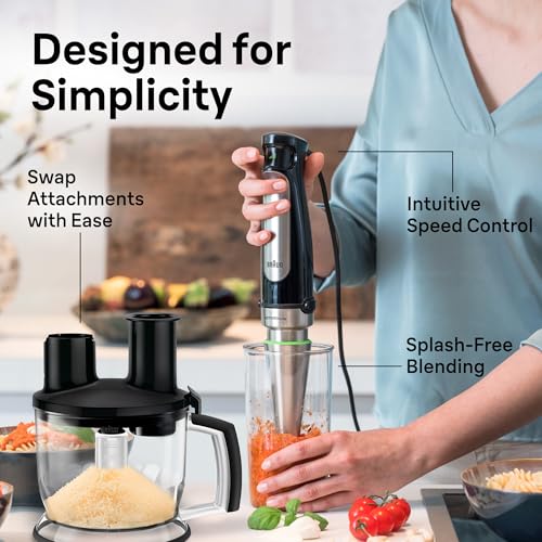 Braun 4-in-1 Immersion Hand Blender, Powerful 500W Stainless Steel Stick Blender, Variable Speed + 6-Cup Food Processor, Whisk, Beaker, Masher, Finer Blending, MultiQuick MQ7077