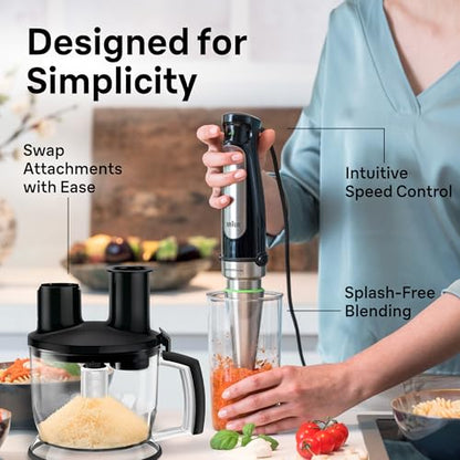 Braun 4-in-1 Immersion Hand Blender, Powerful 500W Stainless Steel Stick Blender, Variable Speed + 6-Cup Food Processor, Whisk, Beaker, Masher, Finer Blending, MultiQuick MQ7077