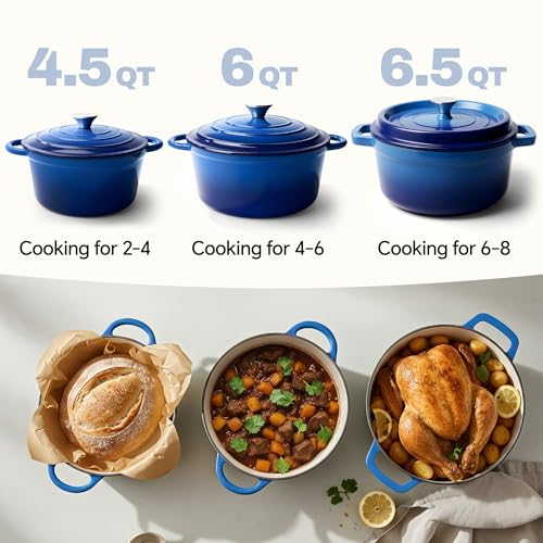 7 Quart Dutch Oven Pot with Lid, Non Stick Enameled Cast Iron Dutch Oven for Bread Baking, Heavy-Duty, Oven Safe Ceramic Cookware Up to 500°F for Baking, Braising, Stews, Roasting, Blue