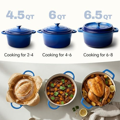 6 Quart Dutch Oven Pot with Lid, Non Stick Enameled Cast Iron Dutch Oven for Bread Baking, Heavy-Duty, Oven Safe Ceramic Cookware Up to 500°F for Baking, Braising, Stews, Roasting, Blue