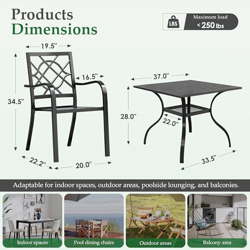 Oakcloud 5-Piece Patio Dining Set, Outdoor Metal Furniture Dining Table Set 4 Stackable Patio Dining Chairs and Square Dining Table with Umbrella Hole, Black
