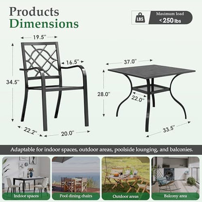 Oakcloud 5-Piece Patio Dining Set, Outdoor Metal Furniture Dining Table Set 4 Stackable Patio Dining Chairs and Square Dining Table with Umbrella Hole, Black