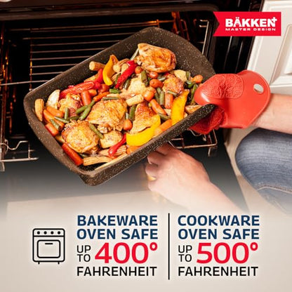 Bakken Master 38 Piece Granite Cookware and Bakeware Set – Nonstick Granite Coating, Pots and Pans with Detachable Handles and Tempered Glass Lids, 6-piece Bakeware set, 12-piece Mixing Bowls,Brown