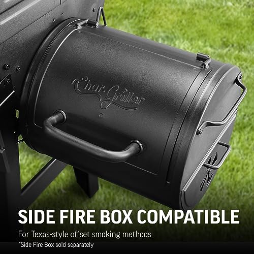 Char-Griller® Wrangler® Charcoal Grill in Black with Metal Shelves, EasyDump™ Ash Pan, Premium Wood Front and Side Shelves with Utensil Hooks, 640 Cooking Square Inches in Black, Model 2823