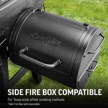 Char-Griller® Wrangler® Charcoal Grill in Black with Metal Shelves, EasyDump™ Ash Pan, Premium Wood Front and Side Shelves with Utensil Hooks, 640 Cooking Square Inches in Black, Model 2823