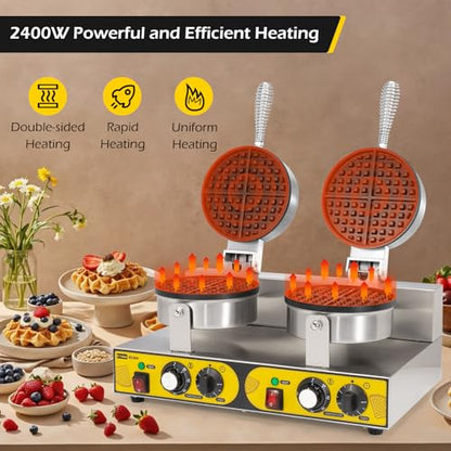 Dyna-Living Commercial Waffle Maker Double Head Waffle Iron for Restaurant