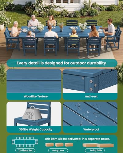 SERWALL HDPE Outdoor Dining Furniture, Outdoor Dining Set for 10, Blue