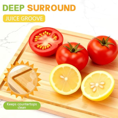 Bamboo Cutting Boards for Kitchen 14.9" x 9.6", Reversible Wood Cutting Board with Juice Groove & Side Handles, Chopping Board for Meat & Cheese, 100% Organic Bamboo