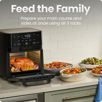 Chefman Air Fryer 6-in-1, XL 14-Quart Multifunctional Airfryer with Touchscreen Controls, Rotisserie, Food Dehydrator, Convection Oven, Bake, Broil, and Reheat Functions, Windowed Door – Black