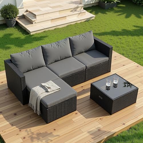 Shintenchi Outdoor Sectional Patio Furniture Set 4-Piece, All-Weather PE Rattan Sofa Couch with Cushions & Storage Coffee Table for Yard, Garden, Porch, Poolside (Gray)