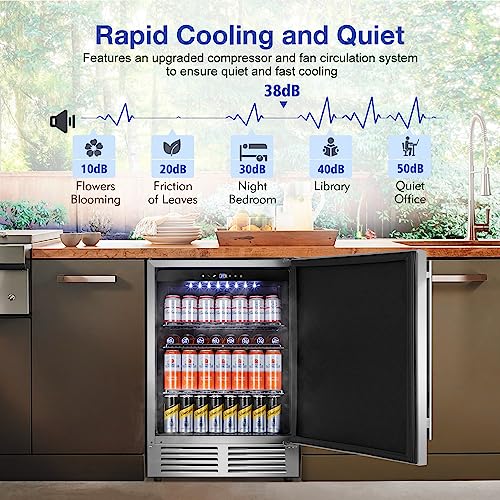 Tylza Outdoor Refrigerator 24 Inch Wide, Stainless Steel Beverage Refrigerator 176 Can for Undercounter Built-in or Freestanding, for Home and Patio, Water Proof, Fast Cooling, Low Noise, 37-65 °F