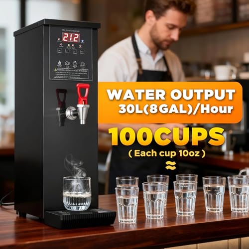 Commercial Hot Water Dispenser Water Boiler Countertop 30L/H Auto-filling Stainless Steel Hot Water Machine Step-heating 104-212°F Adjustable for Cafe Tea Shop Office Restaurant Hotel 1500W, Black