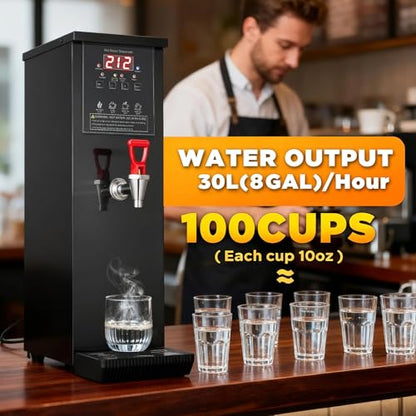 Commercial Hot Water Dispenser Water Boiler Countertop 30L/H Auto-filling Stainless Steel Hot Water Machine Step-heating 104-212°F Adjustable for Cafe Tea Shop Office Restaurant Hotel 1500W, Black
