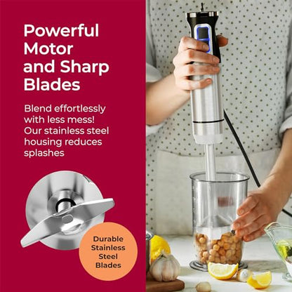 MuellerLiving Immersion Hand Blender Full Set - 8 Speed Immersion Blender, Hand Mixer with 7 Attachments: Stainless Steel Blade, Whisk, Milk Frother, Beater, Mixing Hooks, Potato Masher, Chopper Bowl