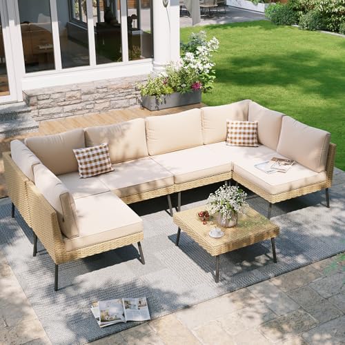 Aoxun 7-Piece Patio Furniture Set, Wicker Outdoor Furniture with Water Resistant Thick Cushions, Patio Conversation Set Outdoor Sectional Sofa with Coffee Table for Backyard Poolside, Beige
