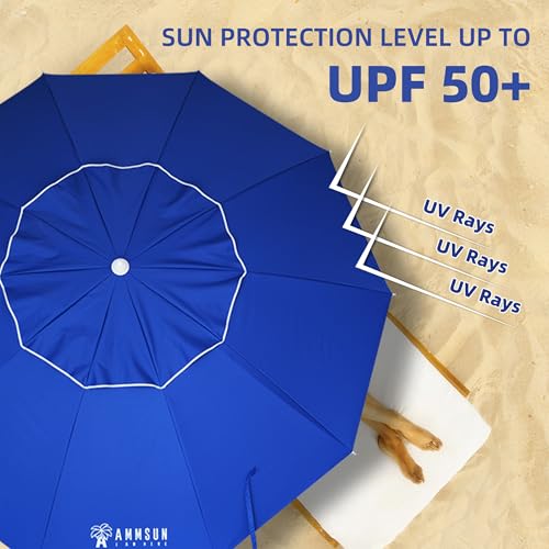 AMMSUN 8 Feet Large Beach Umbrella with Sand Anchor Heavy Duty High Wind Portable Outdoor Umbrellas UPF 50+ Protection Air Vent Tilt Patio Garden Pool Blue