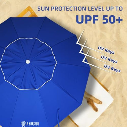 AMMSUN 8 Feet Large Beach Umbrella with Sand Anchor Heavy Duty High Wind Portable Outdoor Umbrellas UPF 50+ Protection Air Vent Tilt Patio Garden Pool Blue