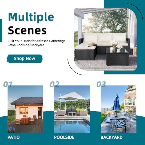 SUNLEI Patio Furniture Set with Detachable Soft Cushions, Outdoor PE Rattan Patio Conversation Sofa Set, 3-Piece Patio Sectional Sofa with Glass Coffee Table (Black Rattan&White)