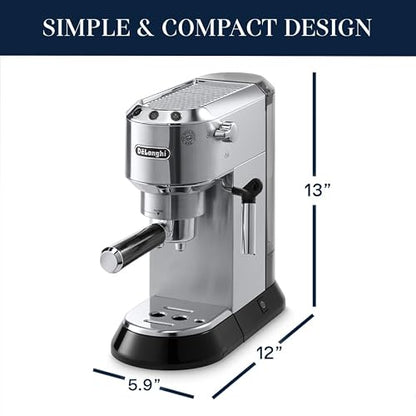 De’Longhi Dedica Espresso Machine with Manual Milk Frother, 15-Bar Pump & Adjustable Tray - Home Barista Coffee Maker for Espresso, Latte, Cappuccino & Iced Coffee - Italian Stainless Steel Design