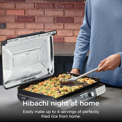 Ninja Sizzle Pro XL 20-Inch Indoor Griddle + Grill, Detachable Ventilated Lid, Grease Control, Ceramic Nonstick Plates, Even Edge Cooking, Extra Large Capacity, Versatile, Silver, GX101