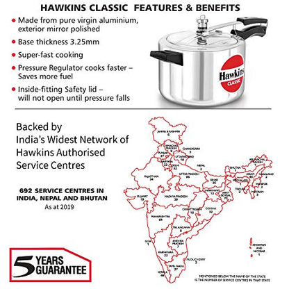 Hawkins Aluminium 5 Litre Classic Pressure Cooker, Best Inner Lid Cooker, Silver (Cl50)