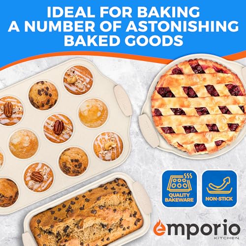 Emporio Kitchen Baking Pan Set - Nonstick Coating, Carbon Steel Bakeware Set with White Silicone Handle, PFOA, PFOS, PTFE Free, Recipe Booklet Included, Oven Safe Tray (Up To 450° F) Set of 25 - White