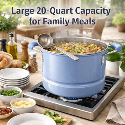 Alpine Cuisine 20- Quart Stock Pot with Lid, Aluminum Cooking Pot with Gray Ceramic Nonstick Coating, Steamer Insert for Soup, Pasta, Stews, and Dumplings, Chambray Blue
