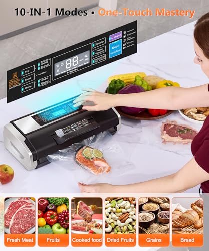 95KPa Automatic Vacuum Sealer Machine - 10-in-1 System with Double Heat Seal Technology, Easy-Lock Handle & Built-in Cutter, Includes Vacuum Roll + 15 Bags (Black）