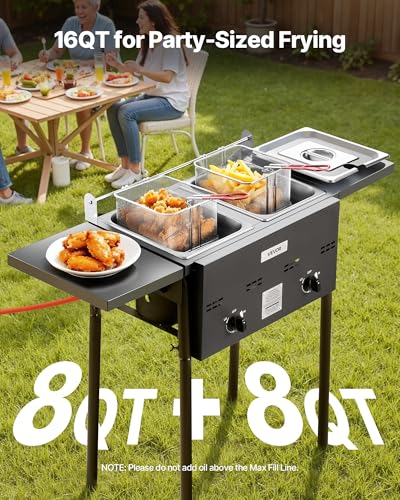 VEVOR Outdoor Propane Deep Fryer, Dual-Tank 8QTx2 Commercial Fryer, Stainless Steel Cooker with Foldable Platform, Dual Basket, and Heat Adjustment, Floor Standing Fryers for Restaurant Home Snack Bar
