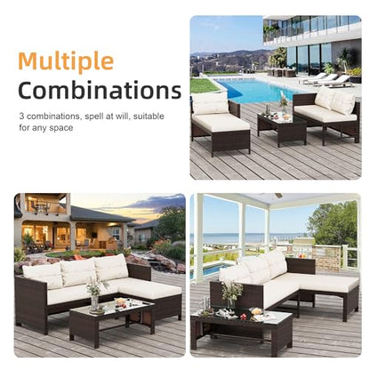 Shintenchi 3-Piece Outdoor Patio Furniture Sets, Wicker Patio Conversation Sets, All Weather Wicker Rattan Patio Seating Sofas with Glass Coffee Table and Cushion, Beige