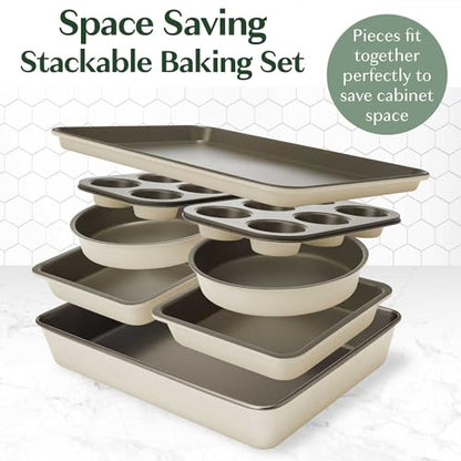 Goodful All-In-One Nonstick Bakeware Set, Stackable and Space Saving Design includes Round and Square Pans, Muffin Pans, Cookie Sheet and Roaster, Dishwasher Safe, 8-Piece, Linen