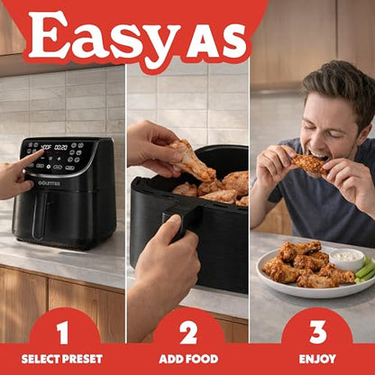Gourmia Air Fryer - 7 Qt Large Capacity with LED Display, 12 One-Touch Presets, FryForce 360° Technology, Nonstick Dishwasher-Safe Basket & Crisper Tray, Black
